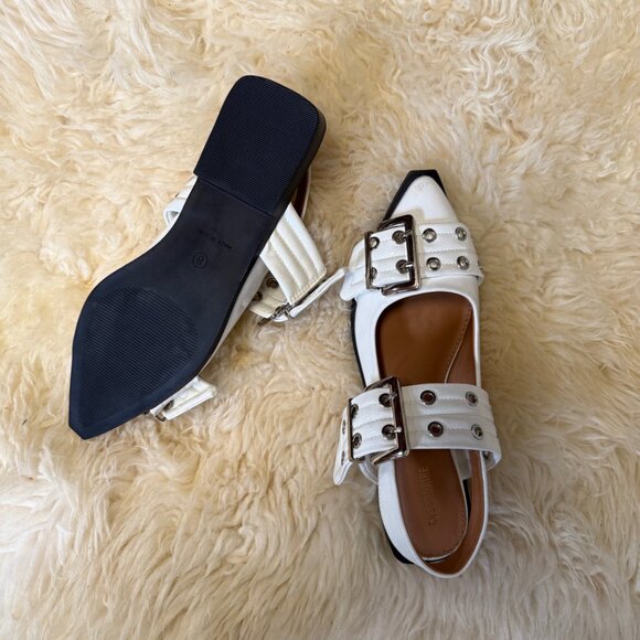 NWB CUSHIONAIRE Women 8 White Patent Silver Buckle Point Toe Flats Shoes - Picture 6 of 6
